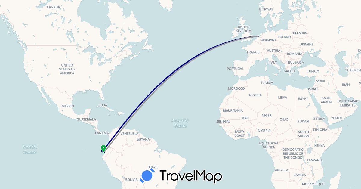 TravelMap itinerary: driving, bus, plane in Ecuador, Netherlands (Europe, South America)